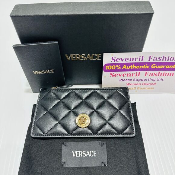 Versace Medusa Card Case Holder Wallet Black Quilted Leather Top Zip NIB - Picture 3 of 10